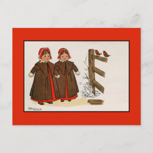Carte Postale Enfants victoriens mignons, robins, neige, hiver