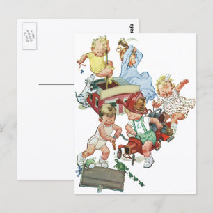 Carte Postale Enfants Vintage Tout-Petits Jouant avec des Camion