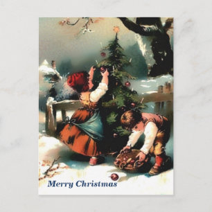 Carte Postale Enfants vintages décorant l'arbre de Noël extérieu
