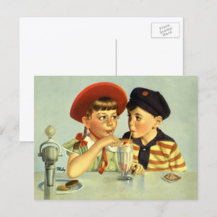 Carte Postale Enfants vintages, garçons et filles partageant une