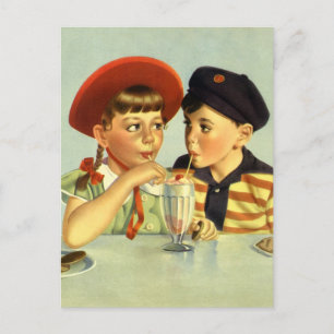 Carte Postale Enfants vintages, garçons et filles partageant une