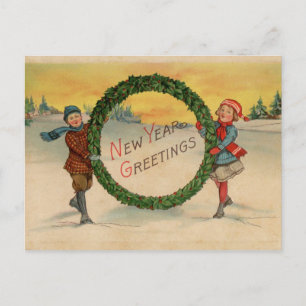 Carte Postale Enfants vintages tenant une couronne de germes Bon