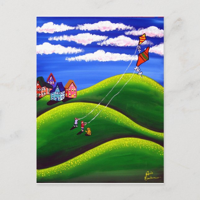 Carte postale Enfants Volant Kites (Devant)