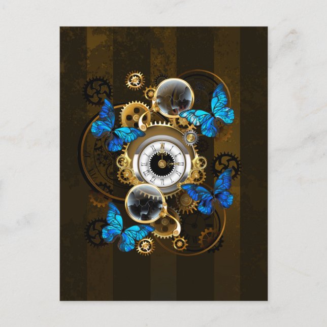 Carte Postale Engrenages à vapeur et papillons bleus (Devant)