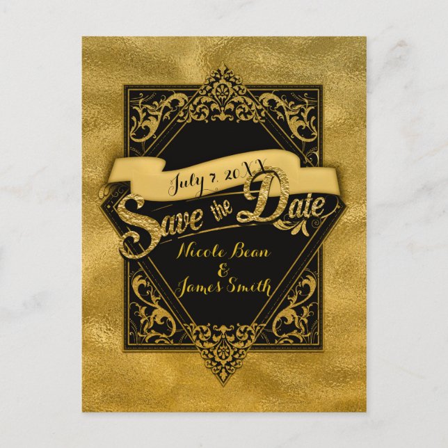 Carte Postale Enregistrer La Date Black & Faux Gold Elegant Fian (Devant)