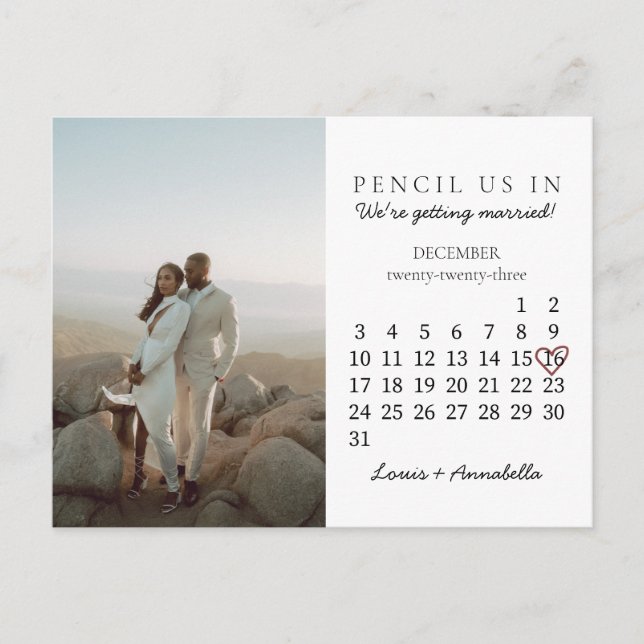Carte Postale Enregistrer la date Calendrier Coeur Rose décembre (Devant)