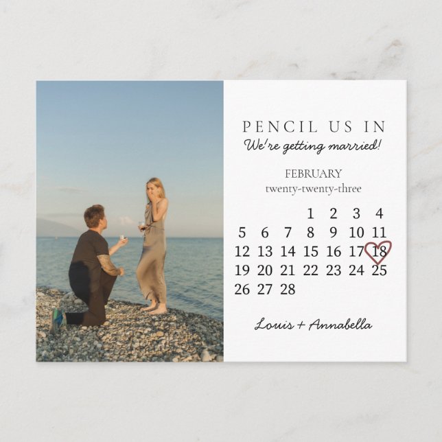Carte Postale Enregistrer la date Calendrier Coeur Rose Février  (Devant)