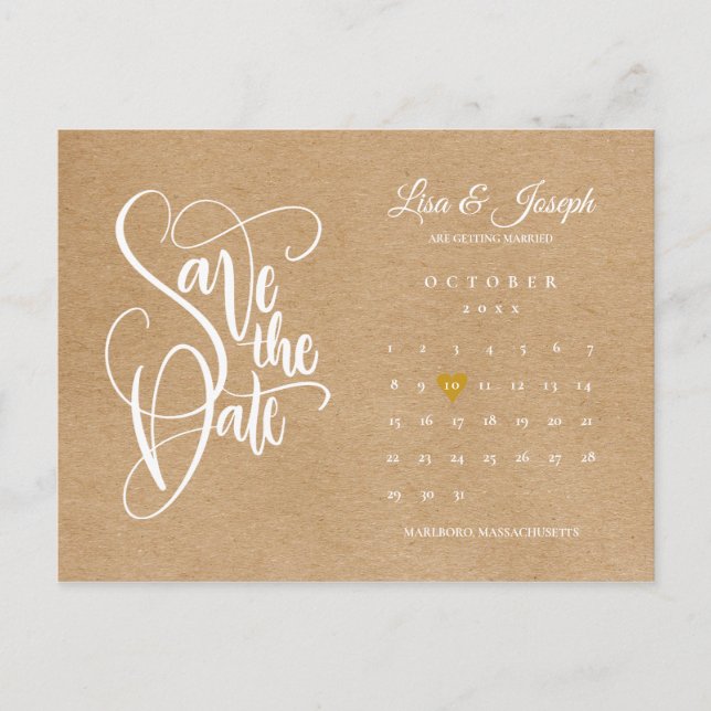 Carte Postale Enregistrer la date Calendrier Gold Heart Rustic K (Devant)
