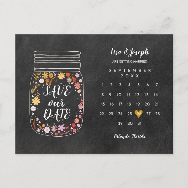 Carte Postale Enregistrer la date Calendrier Heart Mason Jar Cha (Devant)