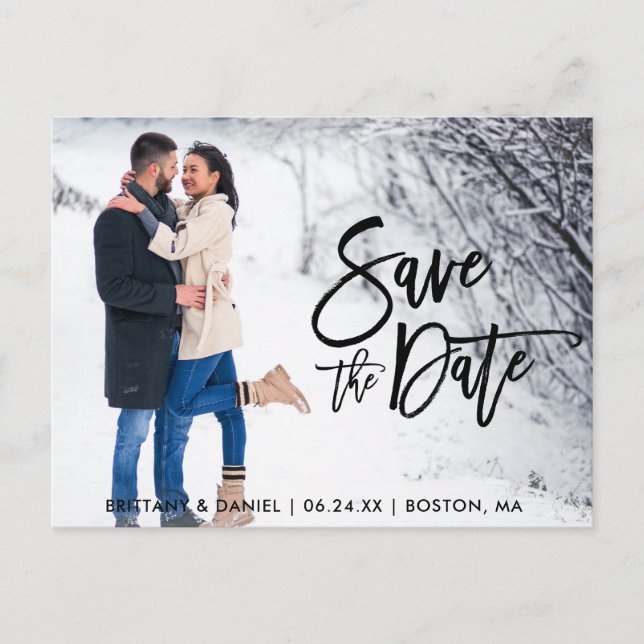 Carte Postale Enregistrer La Date Couple Photo Moderne Brush Scr (Devant)