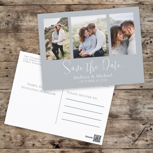 Carte Postale Enregistrer la date Dusty Blue élégant mariage pho (Créateur téléchargé)