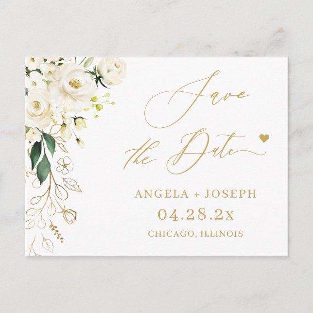 Carte Postale Enregistrer la date Gold Script Vert et blanc Flor (Devant)