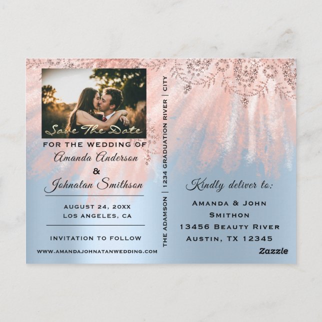 Carte Postale Enregistrer la date Golden Script Photo Rose Royal (Dos)