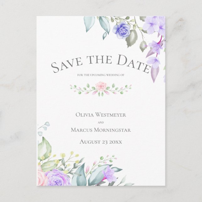 Carte Postale Enregistrer la date Pale Lilac et Rose Flowers (Devant)