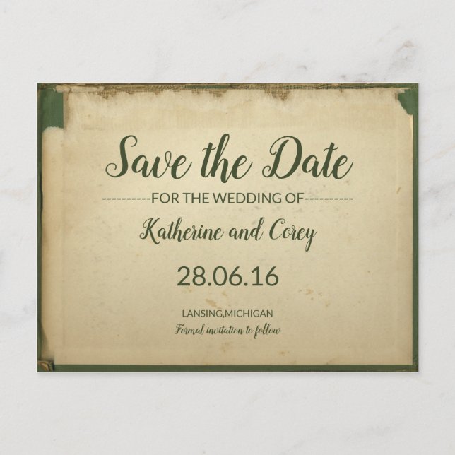 Carte Postale Enregistrer La Date Parchemin Mariage Vert & Beige (Devant)