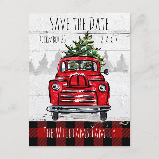 Carte Postale Enregistrer la date Retro Red Truck and Tree Postc (Devant)