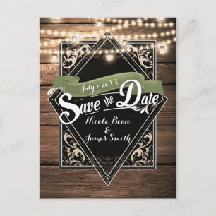 Carte Postale Enregistrer la date Rustic Wood & Lights Fiançaill
