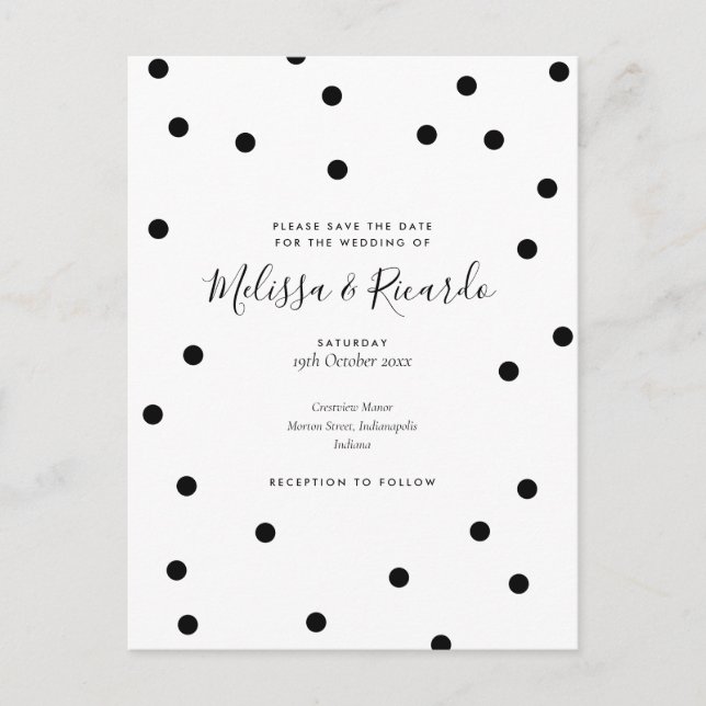 Carte Postale Enregistrer le Mariage de date Pois noir et blanc (Devant)