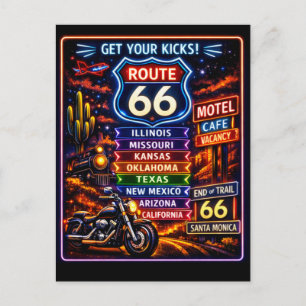 Carte Postale Enseigne au néon Route 66 Rétro Message de bienven