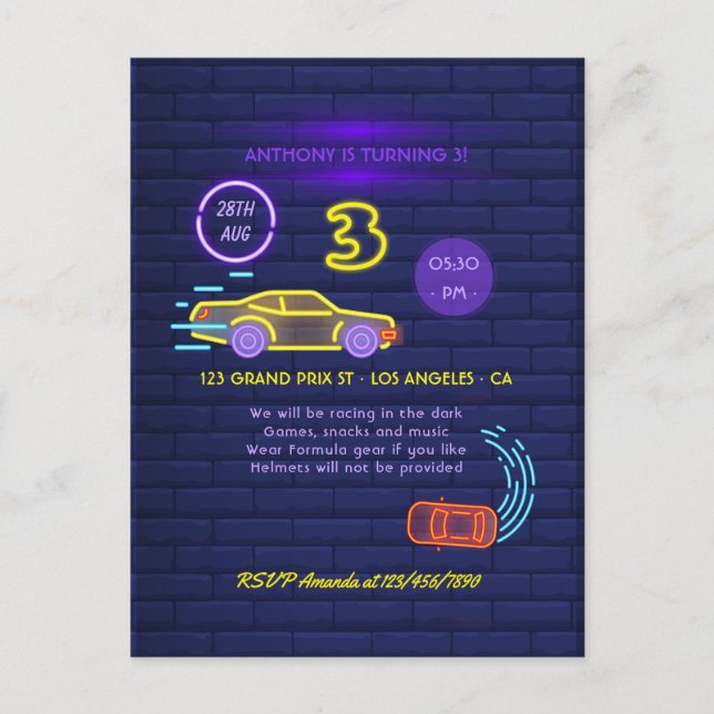 Carte Postale Enseigne au néon Voiture de course Thème Garçon 3è (Devant)