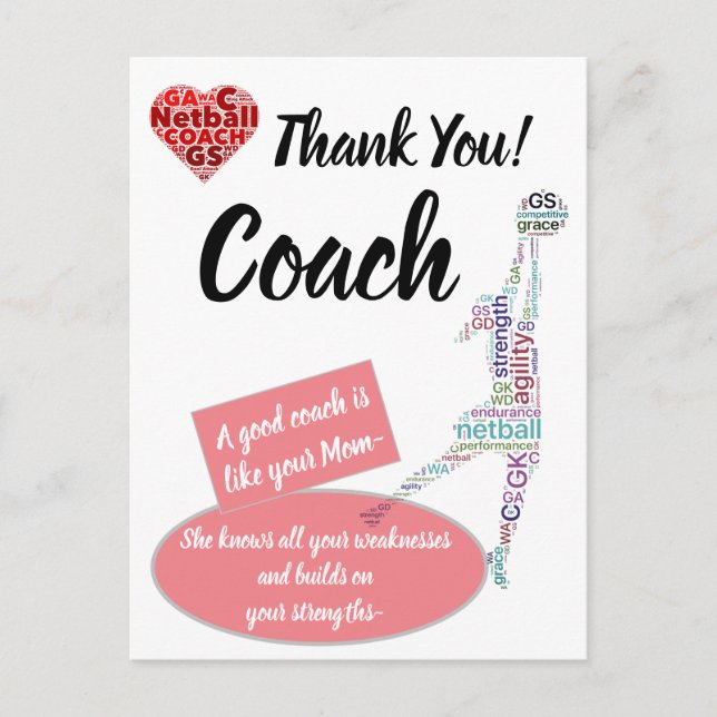Carte Postale Entraîneur de Netball Citation Inspirante Merci (Devant)