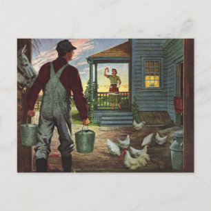 Carte Postale Entreprise vintage, ferme avec fermier et poulet