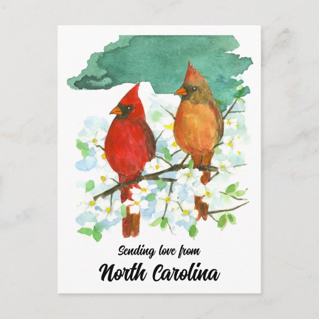 Carte Postale Envoi d'amour Caroline du Nord Cardinaux Dogwood (Devant)