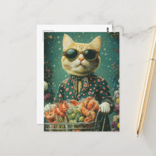 Carte Postale Épicerie Shopping Ginger Chat en Lunettes de solei