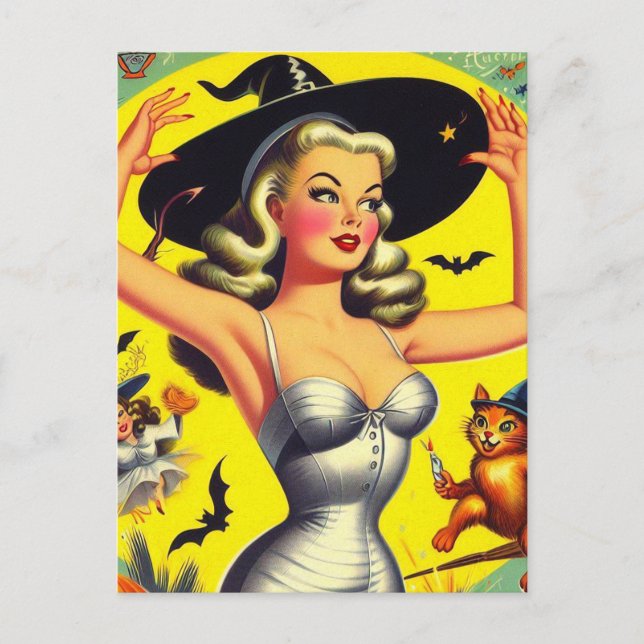 Carte Postale Épingle rétro Halloween sorcière (Devant)