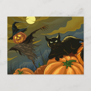 Carte Postale Épouvantail de chat noir et citrouille
