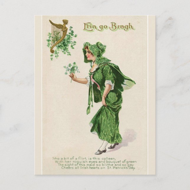 Carte Postale Erin Go Bragh Dame avec Bouquet de Shamrocks (Devant)