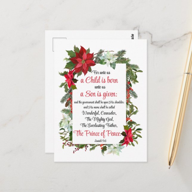 Carte Postale Ésaïe 9:6 Prince de la paix Noël Poinsettia (Devant/Arrière en situation)