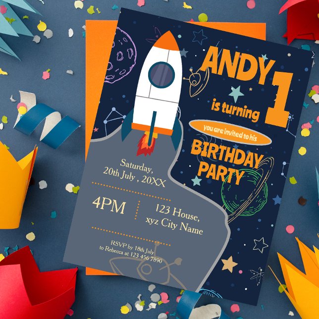Carte Postale Espace Extérieur Anniversaire Fête Rocket Planètes (Outer Space Birthday Party Rocket Planets & Stars Postcard)
