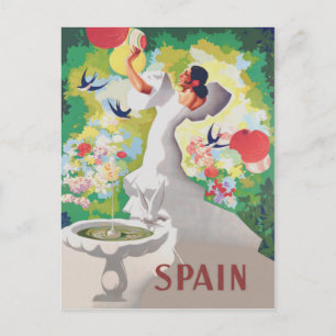 Carte Postale Espagne Senorita Oiseaux Fleurs Fête Jardin