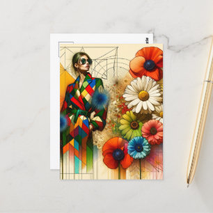 Carte Postale Esquisse de mode Arc-en-ciel Fleurs Vintages