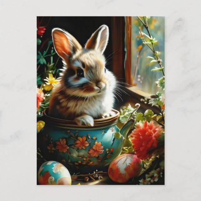 Carte Postale Estrébunny avec oeufs peints et fleurs (Devant)
