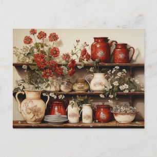 Carte Postale Étagère de cuisine en vieux bois Fleurs en céramiq