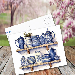 Carte Postale Étagère de cuisine vintage bleue et blanche pour l