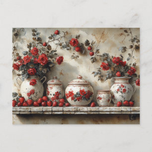 Carte Postale Étagère en bois vintage rouge Roses Fraises