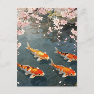 Carte Postale Étang de carpes à fleurs de cerisier Sérénité