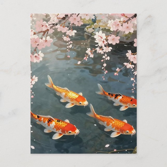 Carte Postale Étang de carpes à fleurs de cerisier Sérénité (Devant)