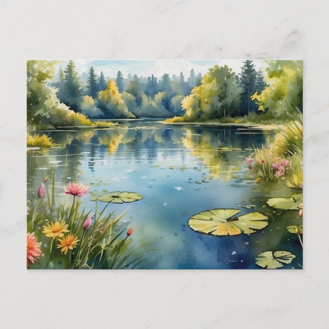 Carte Postale Étang de nénuphars à l'aquarelle, forêt, nature  (Devant)