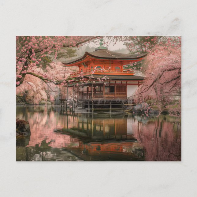 Carte Postale étang japonais, cerisiers en fleurs (Devant)