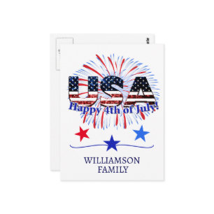 Carte Postale Etats-Unis drapeau texte parties scintillant feux 