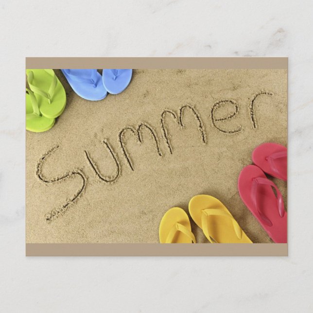 Carte Postale Été (The word "Summer" is written in the sand, with the letters appearing to be etched or drawn.)