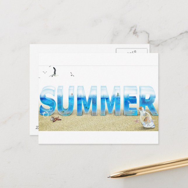 Carte Postale Été (A postcard with the word "SUMMER" in large, three-dimensional letters filled with an ocean scene!)