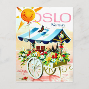Carte Postale Été à Oslo, Norvège. Chariot de fleurs et soleil h