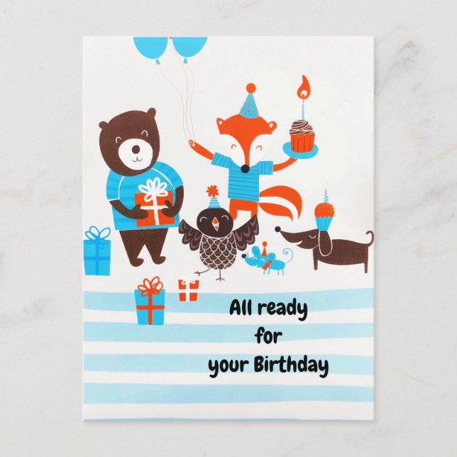 Carte Postale Été Forêt Bleue Bois Animaux Aquarelle (Devant)