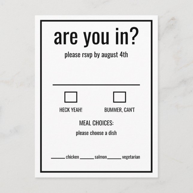 Carte Postale Êtes-vous dans drôle rsvp noir et blanc minimal  (Devant)