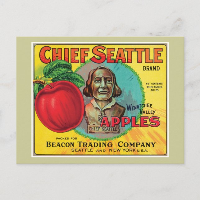 Carte Postale Étiquette de pommes Vintages Chief Seattle (Devant)